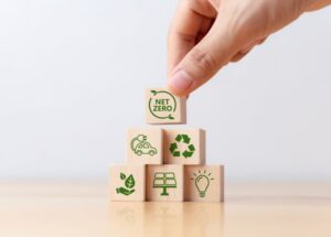 hand puts wooden cubes with net zero icon on table illustration