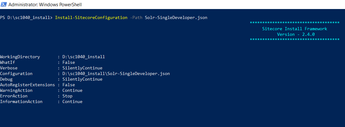 Install-SitecoreConfiguration -Path Solr-SingleDeveloper.json 