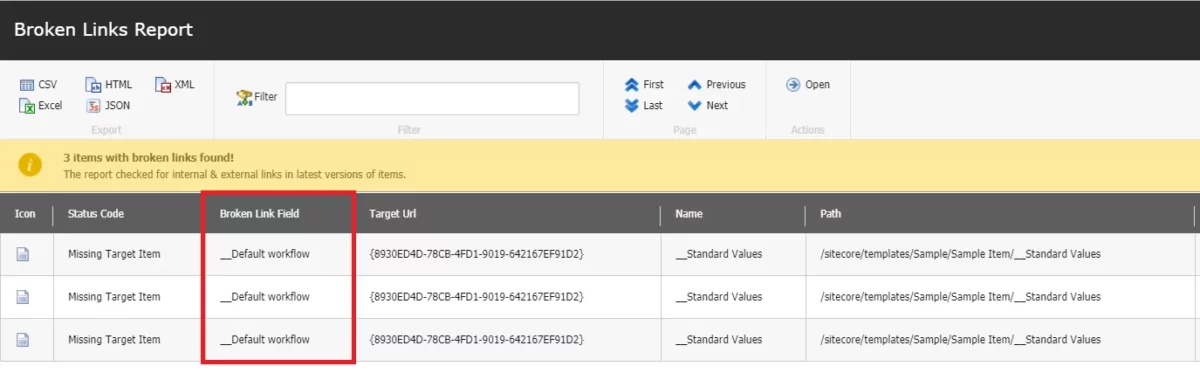 broken links field highlighted