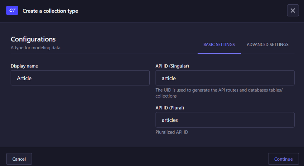 Strapi admin panel_create a collection type