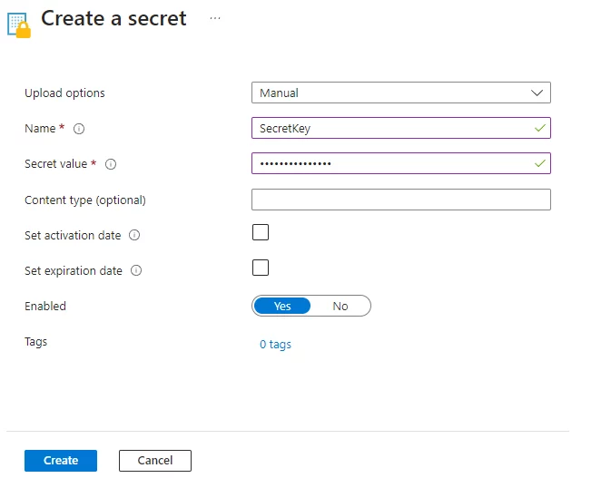 create a secret steps screenshot