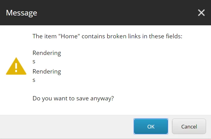 screenshot of message of broken link in fields